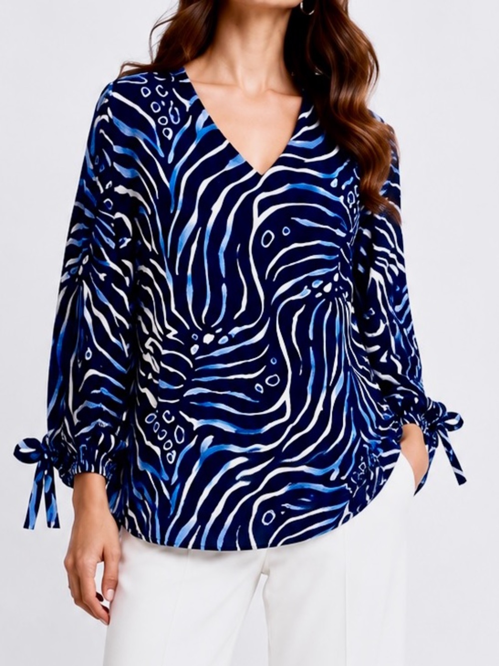 JM COLLECTION Navy Blue & White Animal Print V-Neck Tie-Sleeve Blouse Lined Top